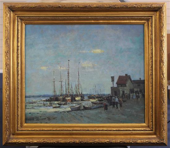 After Edward Seago Coastal village at low tide, 20 x 24in.